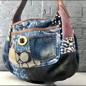 Authentic coach denim patchwork hobo shoulder bag